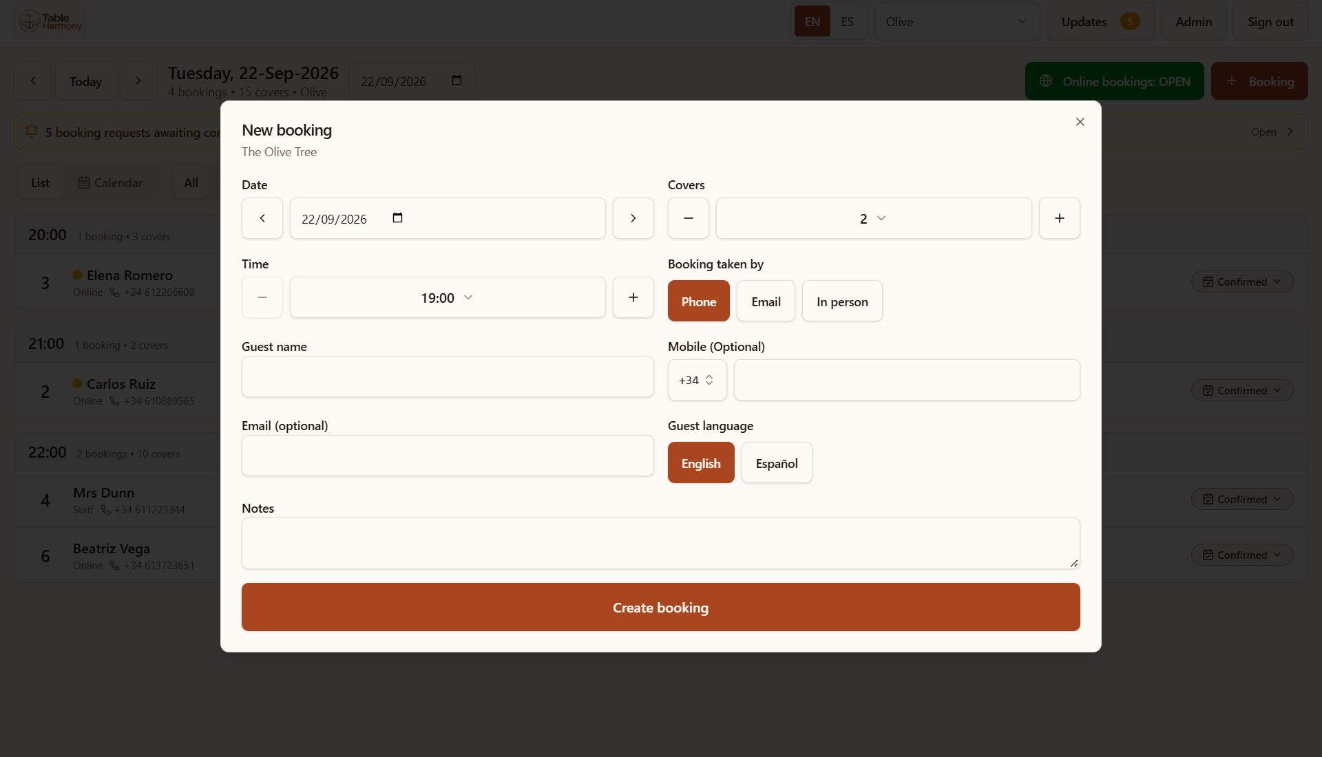 Table Harmony form for adding a new restaurant booking.