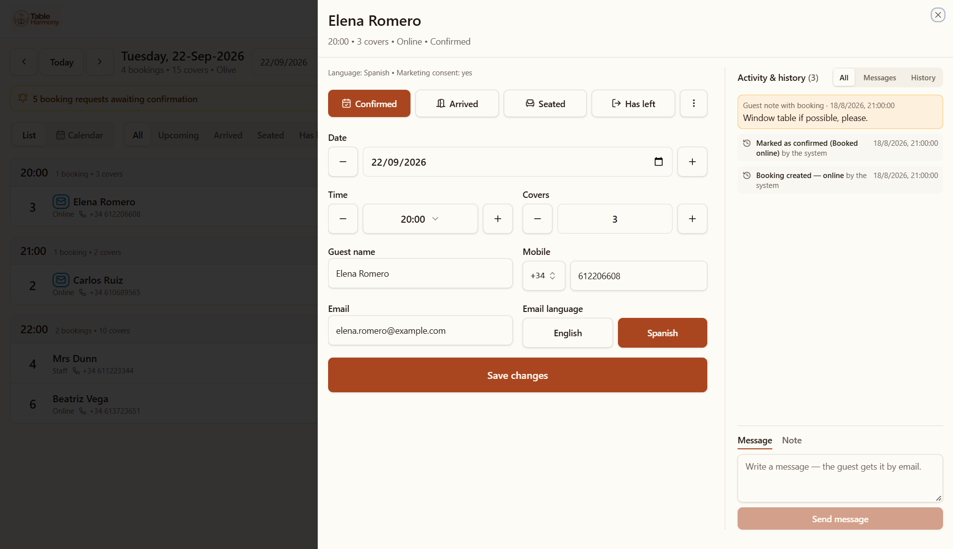 An open booking in TABLE HARMONY showing booking details, status controls, activity and history, messages and notes.