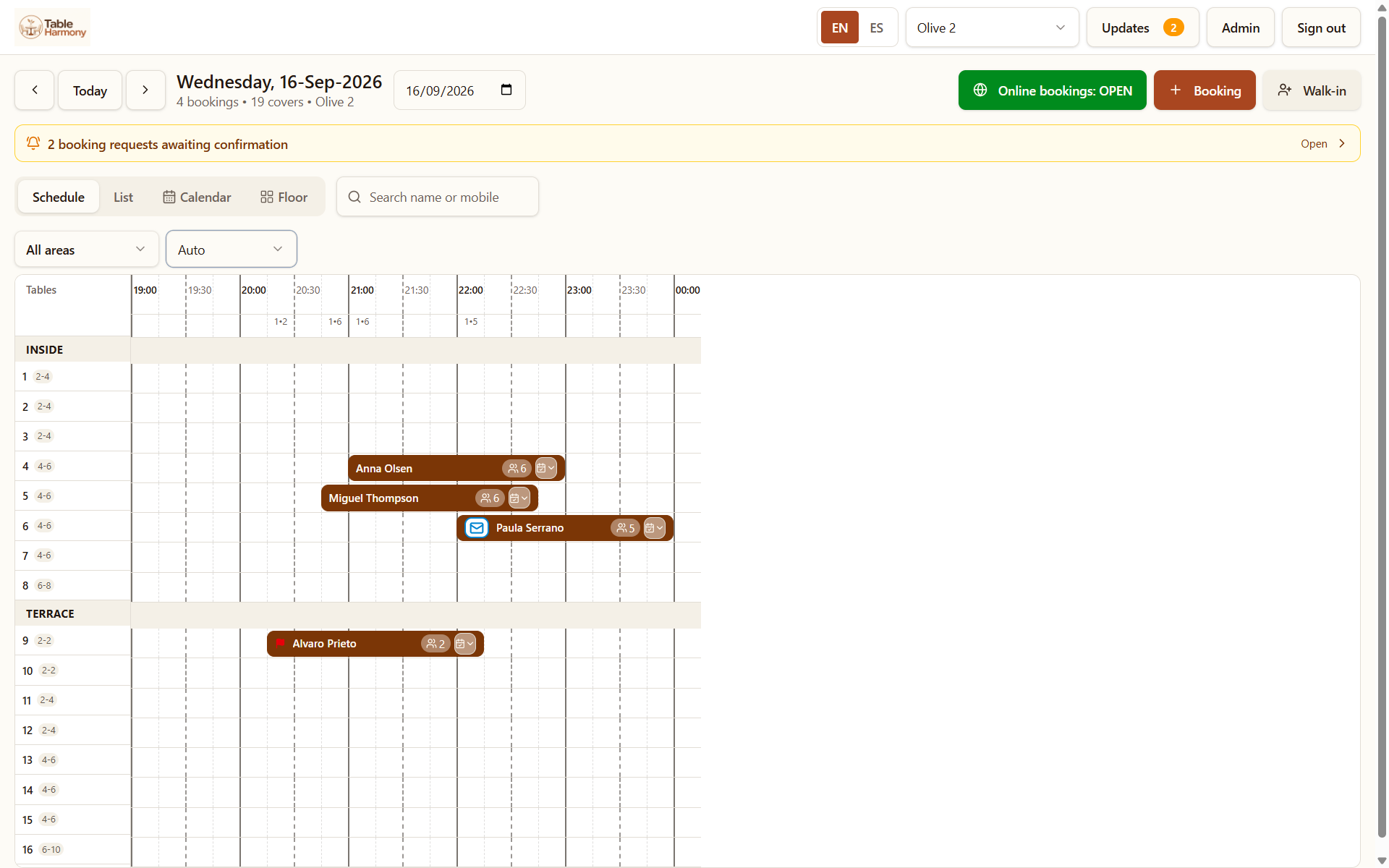 The table schedule showing bookings across inside and terrace tables through the evening