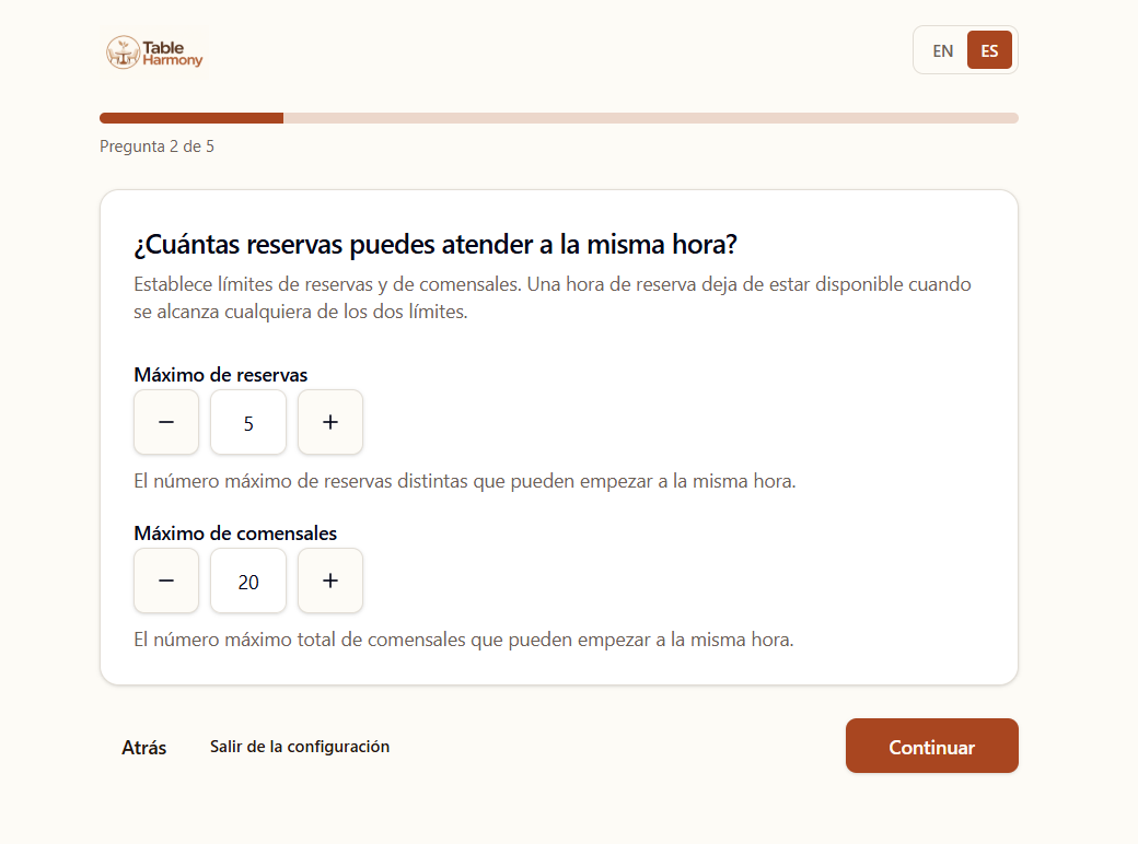 Captura de la configuración inicial de Table Harmony
