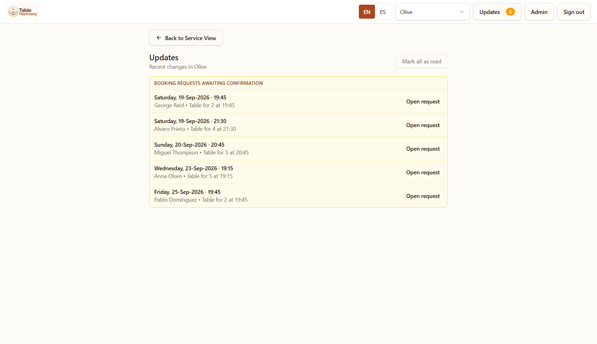 The Updates screen in TABLE HARMONY showing booking requests awaiting confirmation.