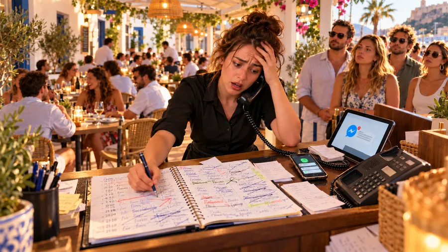 Restaurant staff member managing phone calls and reservations during a busy service