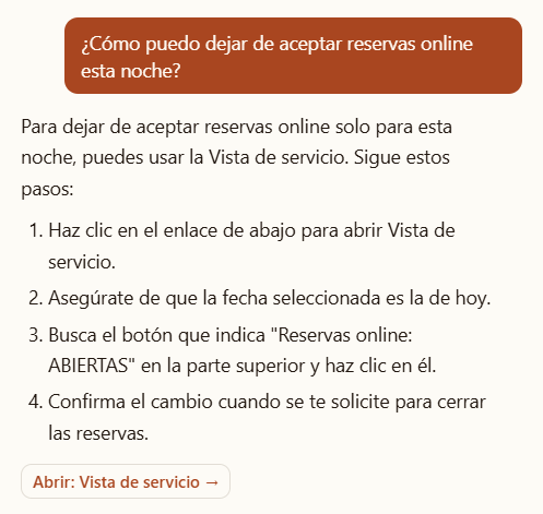 Pregunta a Table Harmony explicando en cuatro pasos cómo dejar de aceptar reservas online esta noche desde la Vista de servicio, con un enlace para abrirla