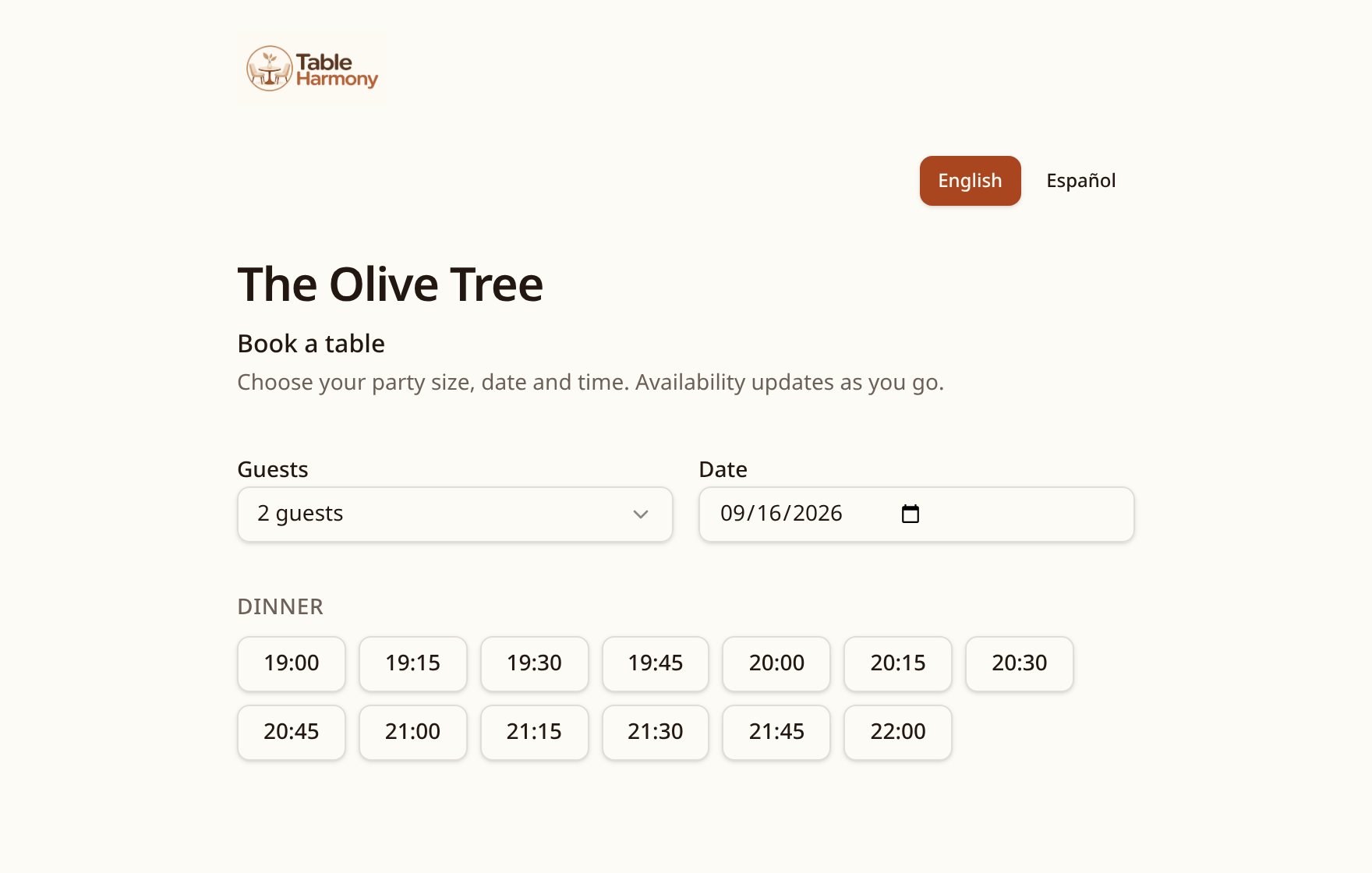 The online booking page showing guest, date and dinner time choices
