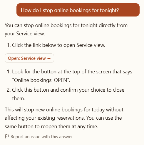 Ask Table Harmony explaining, in three steps, how to stop taking online bookings for tonight from the Service view, with a link to open it